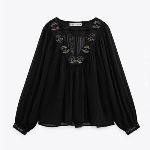 Zara Black Floral Embroidered Blouse